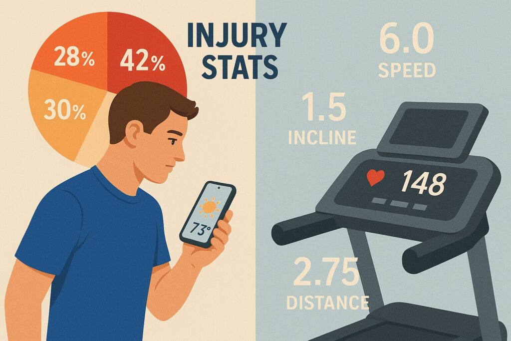 pollution flag removed, and the runner looking at a weather app vs a treadmill dashboard.